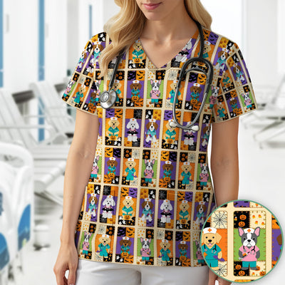 Spooky Halloween Dog Veterinary Scrub Top, Comfortable Scrubs for Nurses