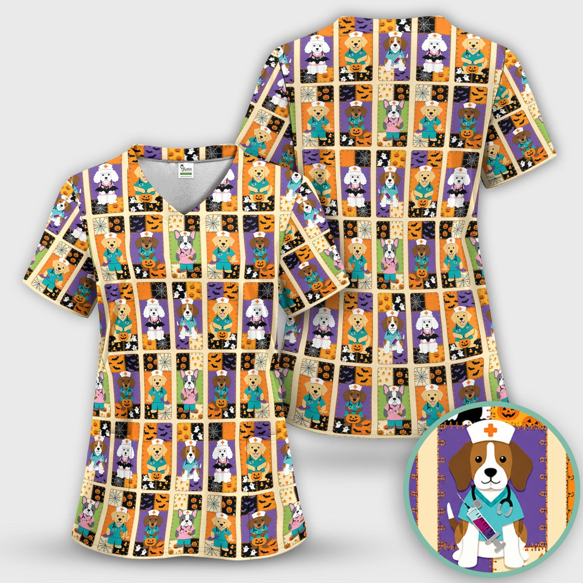 Spooky Halloween Dog Veterinary Scrub Top, Comfortable Scrubs for Nurses