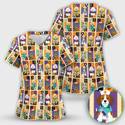 Spooky Halloween Dog Veterinary Scrub Top, Comfortable Scrubs for Nurses