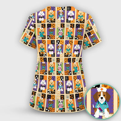 Spooky Halloween Dog Veterinary Scrub Top, Comfortable Scrubs for Nurses