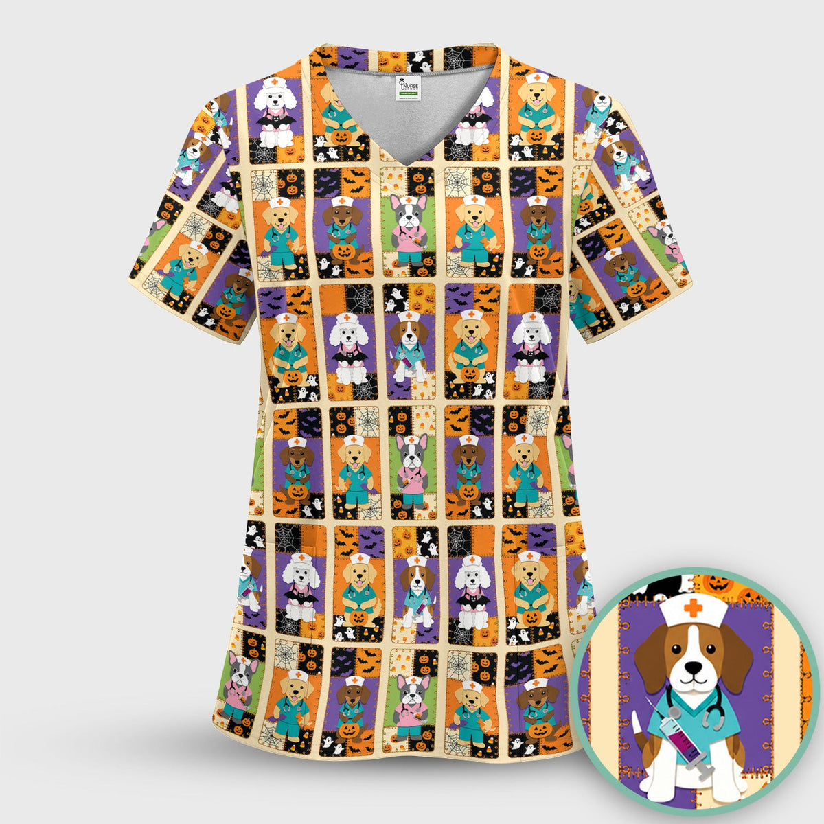 Spooky Halloween Dog Veterinary Scrub Top, Comfortable Scrubs for Nurses
