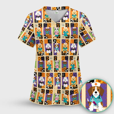 Spooky Halloween Dog Veterinary Scrub Top, Comfortable Scrubs for Nurses