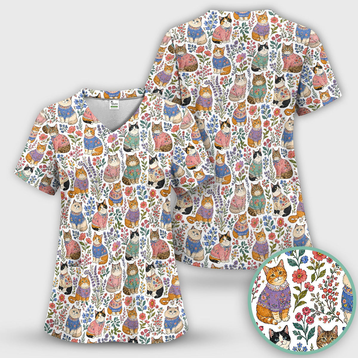 Cute Floral Cat Pattern Scrub Top, Comfortable Scrubs for Nurses
