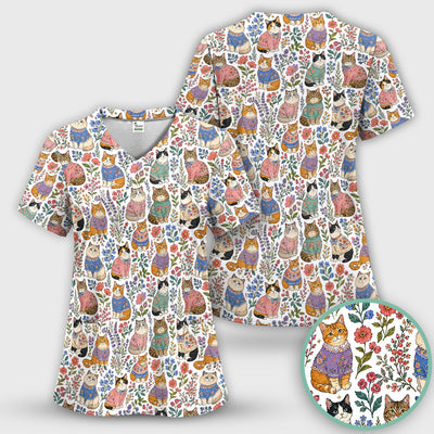 Cute Floral Cat Pattern Scrub Top, Comfortable Scrubs for Nurses