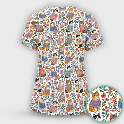 Cute Floral Cat Pattern Scrub Top, Comfortable Scrubs for Nurses