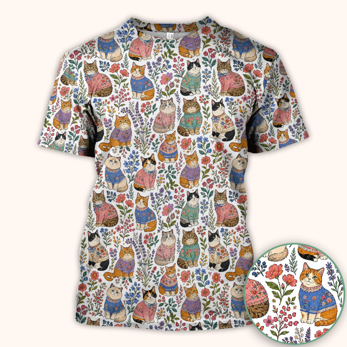 Cute Floral Cat Pattern Scrub Top, Comfortable Scrubs for Nurses
