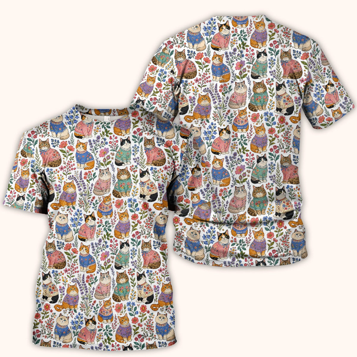 Cute Floral Cat Pattern Scrub Top, Comfortable Scrubs for Nurses