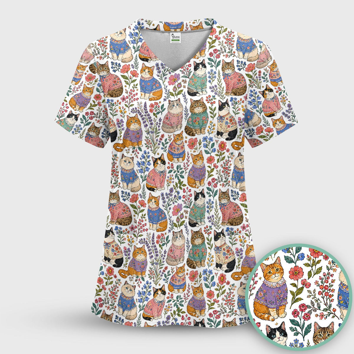 Cute Floral Cat Pattern Scrub Top, Comfortable Scrubs for Nurses