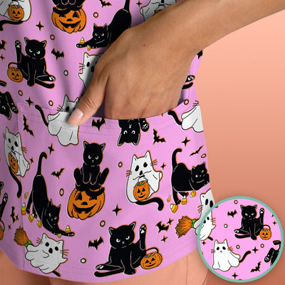 Halloween Cat Ghost Pumpkin Pattern Scrub Top, Comfortable Scrubs for Nurses