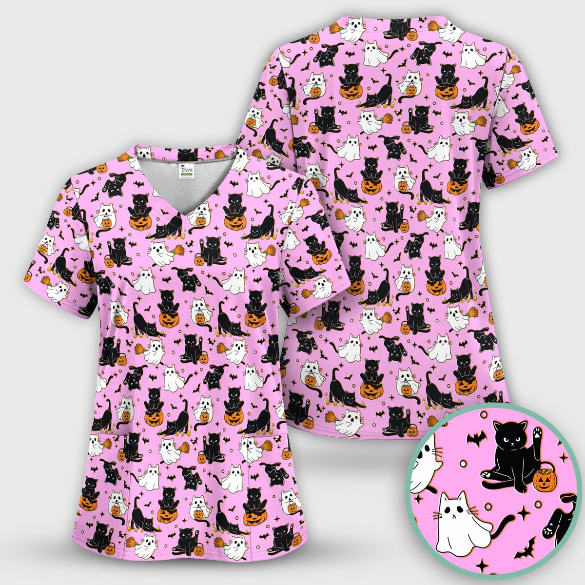 Halloween Cat Ghost Pumpkin Pattern Scrub Top, Comfortable Scrubs for Nurses