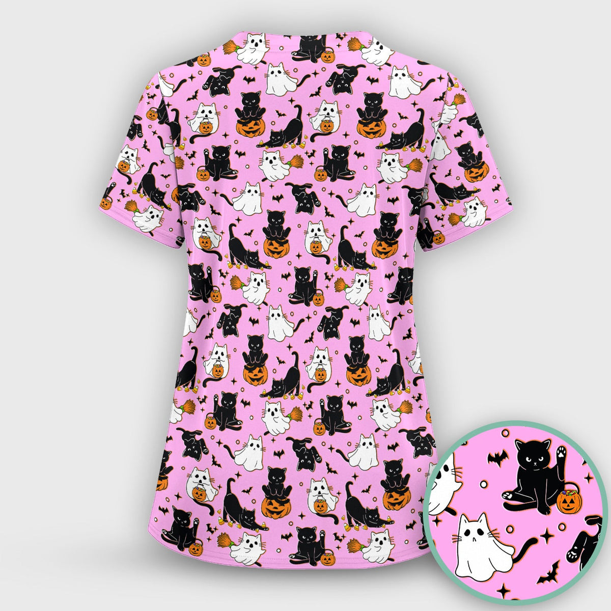 Halloween Cat Ghost Pumpkin Pattern Scrub Top, Comfortable Scrubs for Nurses