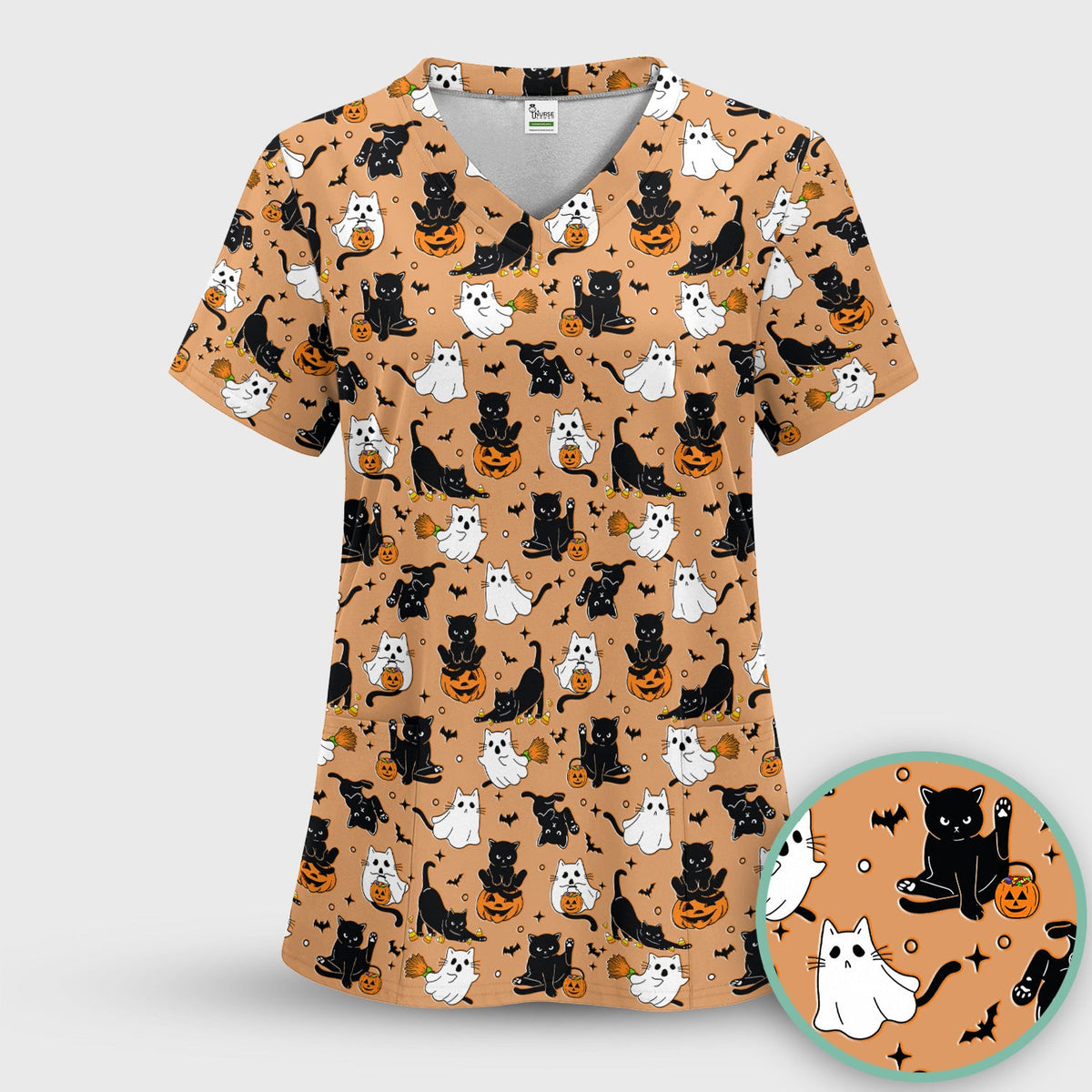 Halloween Cat Ghost Pumpkin Pattern Scrub Top, Comfortable Scrubs for Nurses