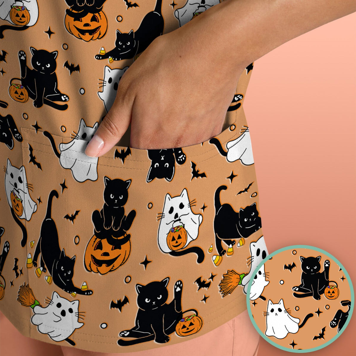 Halloween Cat Ghost Pumpkin Pattern Scrub Top, Comfortable Scrubs for Nurses