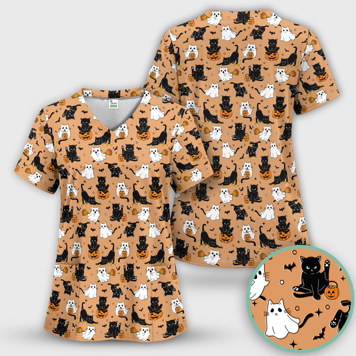 Halloween Cat Ghost Pumpkin Pattern Scrub Top, Comfortable Scrubs for Nurses