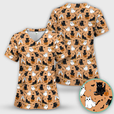 Halloween Cat Ghost Pumpkin Pattern Scrub Top, Comfortable Scrubs for Nurses