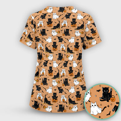 Halloween Cat Ghost Pumpkin Pattern Scrub Top, Comfortable Scrubs for Nurses