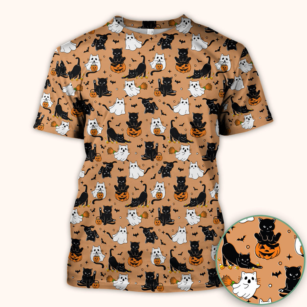 Halloween Cat Ghost Pumpkin Pattern Scrub Top, Comfortable Scrubs for Nurses