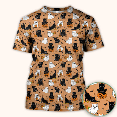 Halloween Cat Ghost Pumpkin Pattern Scrub Top, Comfortable Scrubs for Nurses