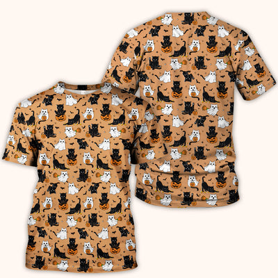 Halloween Cat Ghost Pumpkin Pattern Scrub Top, Comfortable Scrubs for Nurses