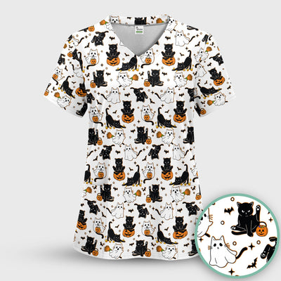 Halloween Cat Ghost Pumpkin Pattern Scrub Top, Comfortable Scrubs for Nurses