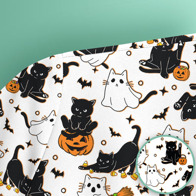 Halloween Cat Ghost Pumpkin Pattern Scrub Top, Comfortable Scrubs for Nurses
