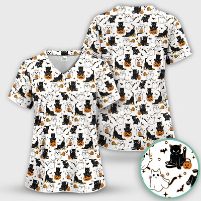 Halloween Cat Ghost Pumpkin Pattern Scrub Top, Comfortable Scrubs for Nurses