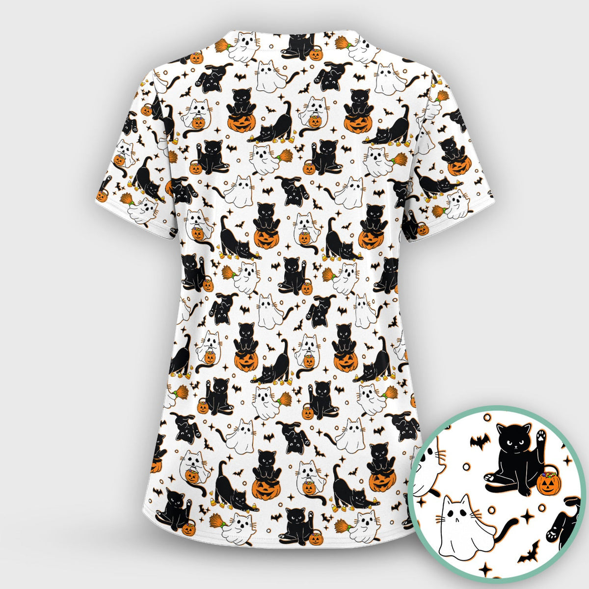 Halloween Cat Ghost Pumpkin Pattern Scrub Top, Comfortable Scrubs for Nurses
