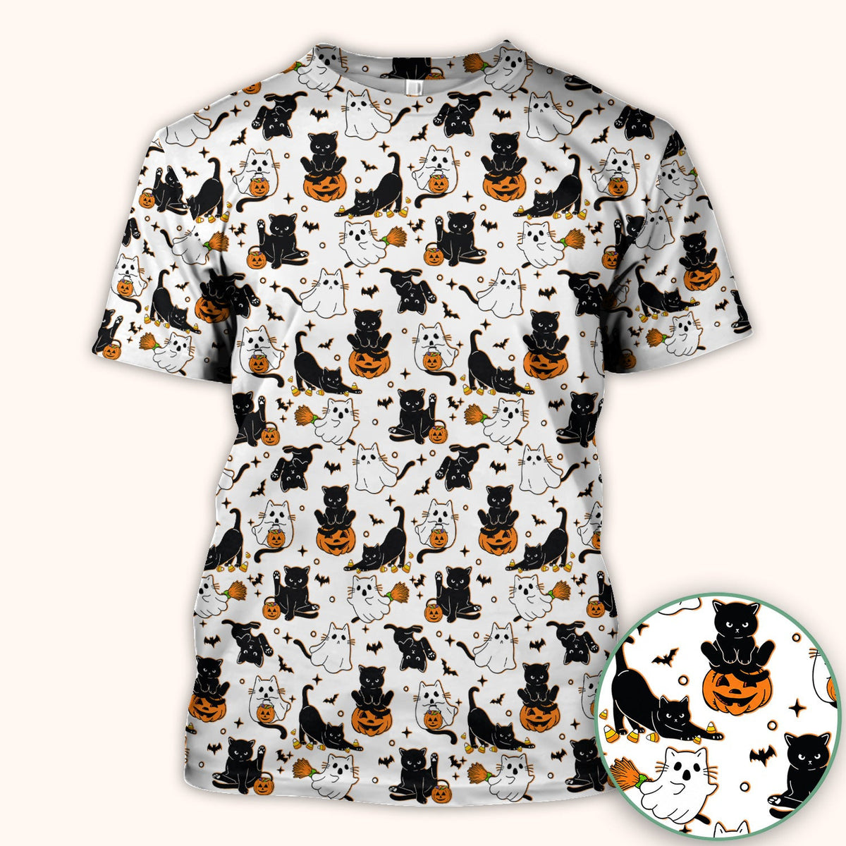 Halloween Cat Ghost Pumpkin Pattern Scrub Top, Comfortable Scrubs for Nurses