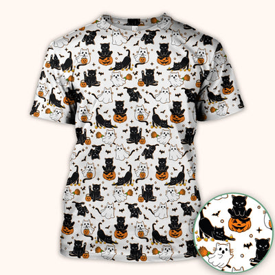 Halloween Cat Ghost Pumpkin Pattern Scrub Top, Comfortable Scrubs for Nurses