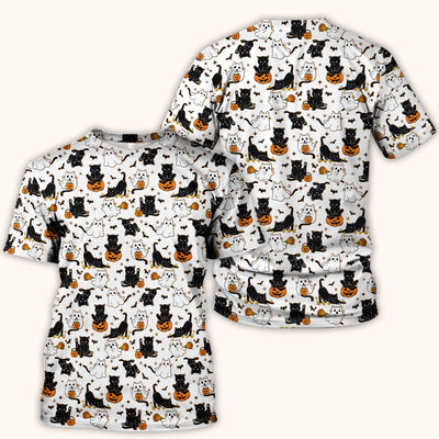 Halloween Cat Ghost Pumpkin Pattern Scrub Top, Comfortable Scrubs for Nurses