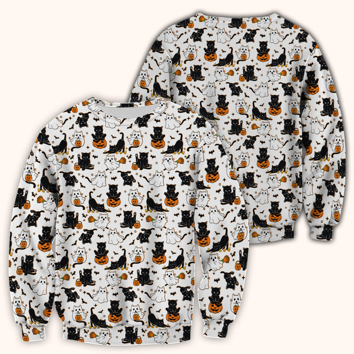 Halloween Cat Ghost Pumpkin Pattern Scrub Top, Comfortable Scrubs for Nurses