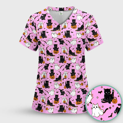 Halloween Cat Ghost Pumpkin Pattern Scrub Top, Comfortable Scrubs for Nurses