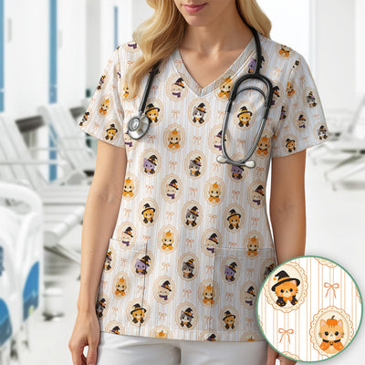 Cute Halloween Cat Stripe Pattern Scrub Top, Comfortable Scrubs for Nurses