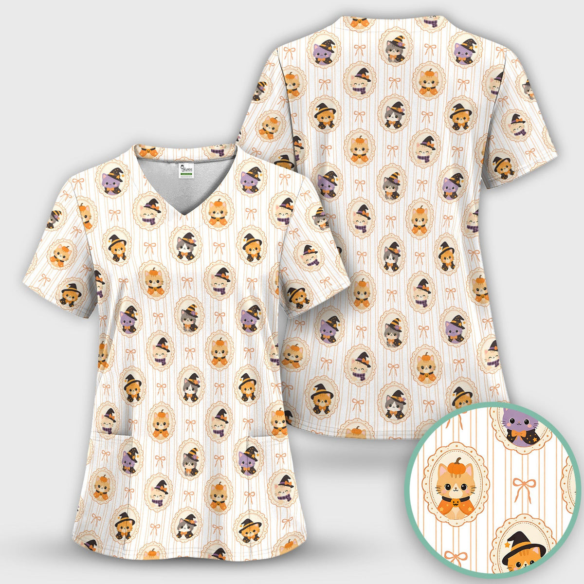Cute Halloween Cat Stripe Pattern Scrub Top, Comfortable Scrubs for Nurses