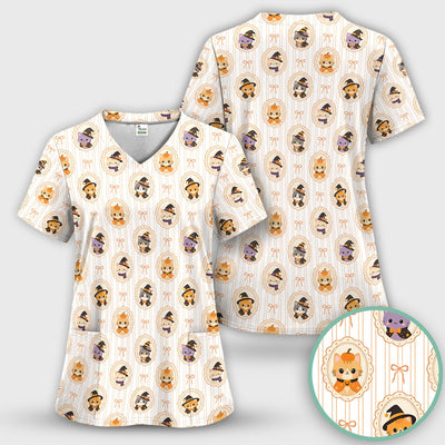 Cute Halloween Cat Stripe Pattern Scrub Top, Comfortable Scrubs for Nurses