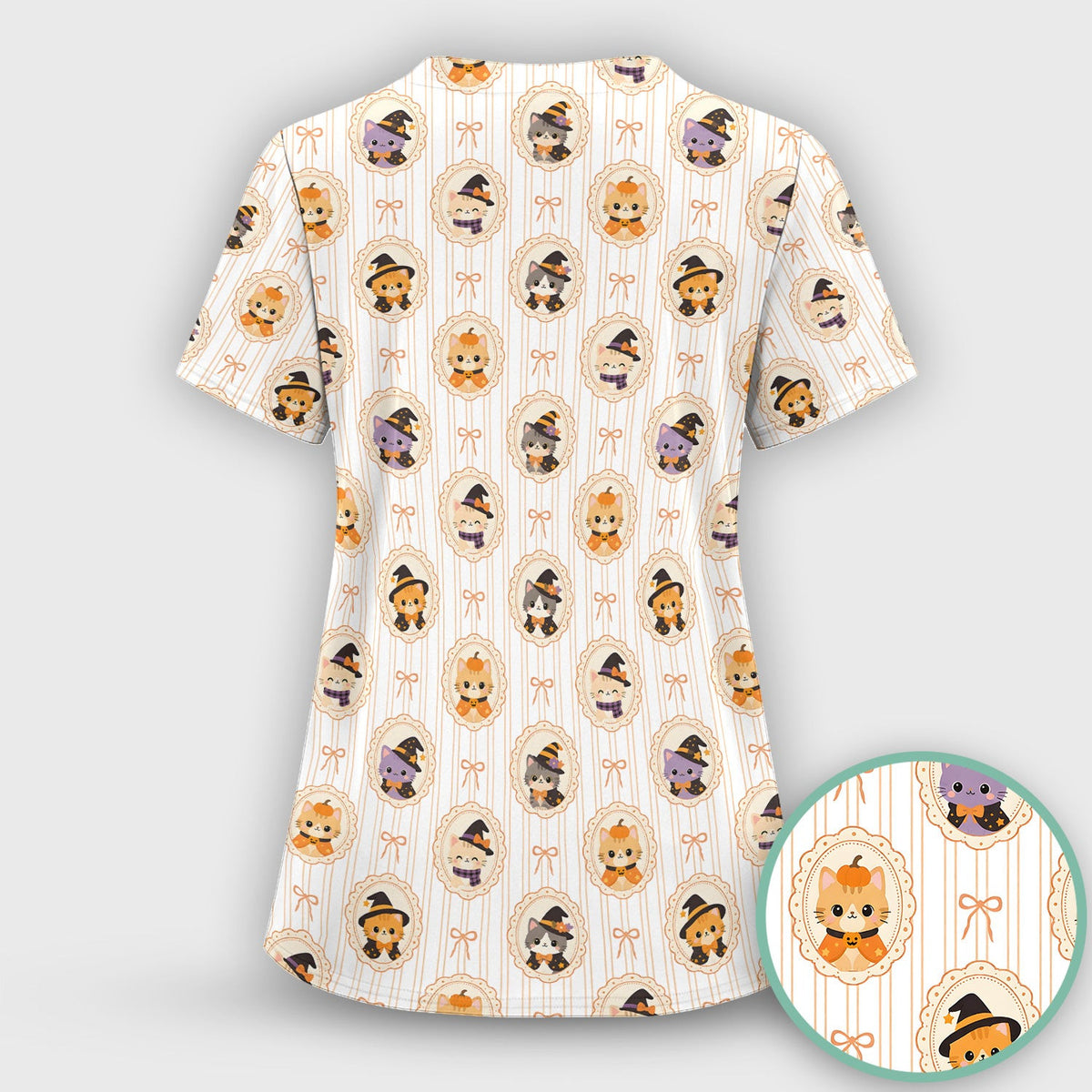 Cute Halloween Cat Stripe Pattern Scrub Top, Comfortable Scrubs for Nurses