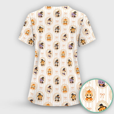 Cute Halloween Cat Stripe Pattern Scrub Top, Comfortable Scrubs for Nurses