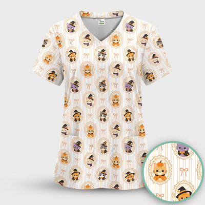 Cute Halloween Cat Stripe Pattern Scrub Top, Comfortable Scrubs for Nurses