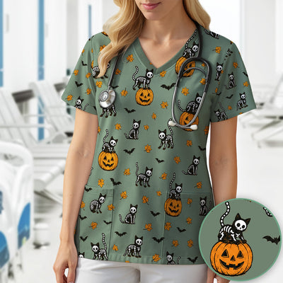Skeleton Cat Pattern Scrub Top, Comfortable Scrubs for Nurses