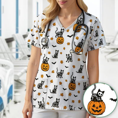 Skeleton Cat Pattern Scrub Top, Comfortable Scrubs for Nurses