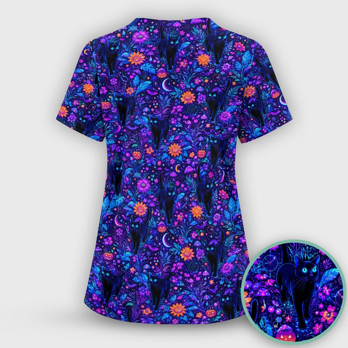 Halloween Black Cat Floral Print Scrub Top, Comfortable Scrubs for Nurses