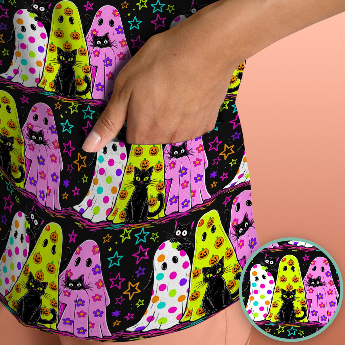 Spooky Halloween Ghost Cat Print Scrub Top, Comfortable Scrubs for Nurses