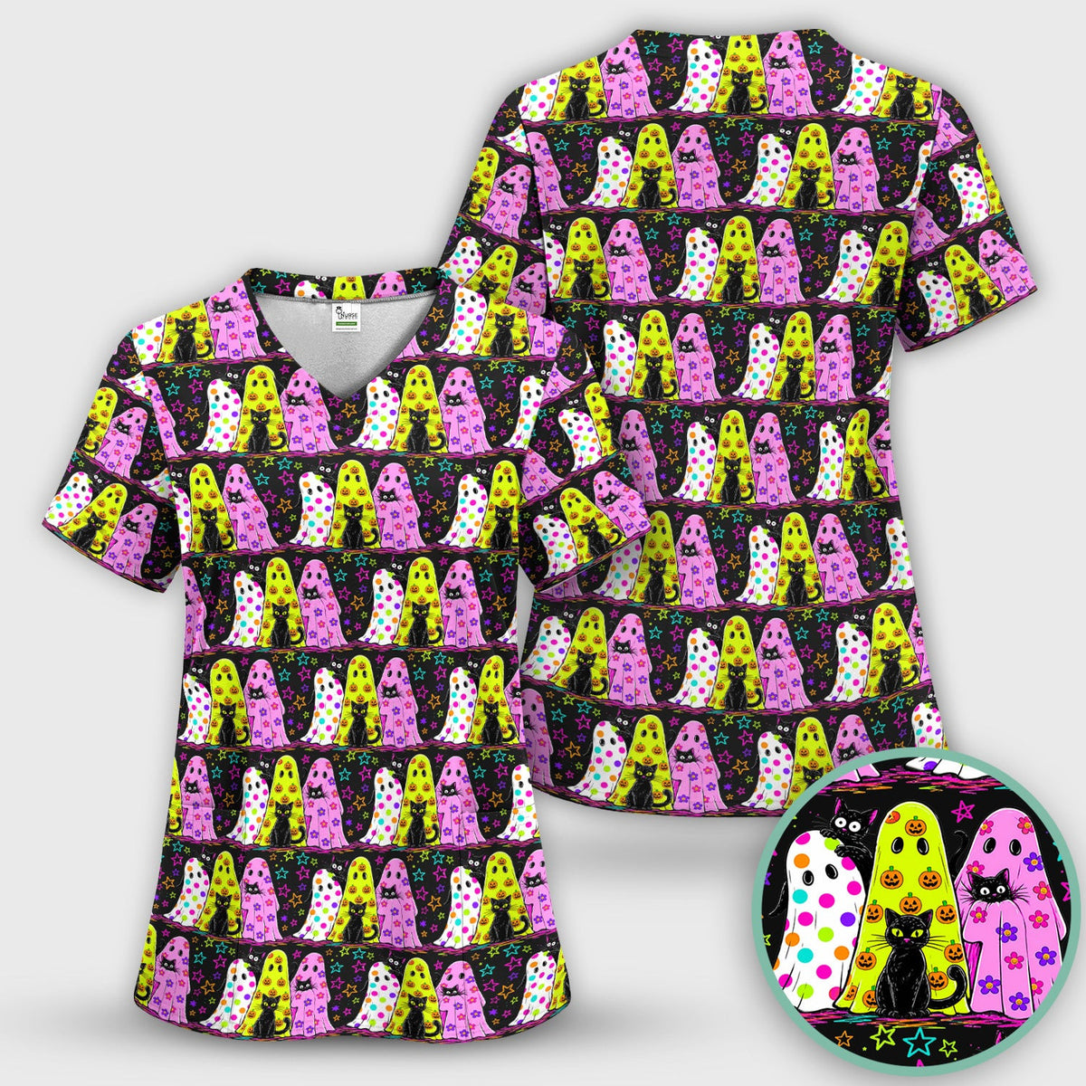 Spooky Halloween Ghost Cat Print Scrub Top, Comfortable Scrubs for Nurses
