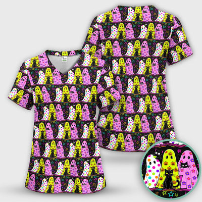 Spooky Halloween Ghost Cat Print Scrub Top, Comfortable Scrubs for Nurses