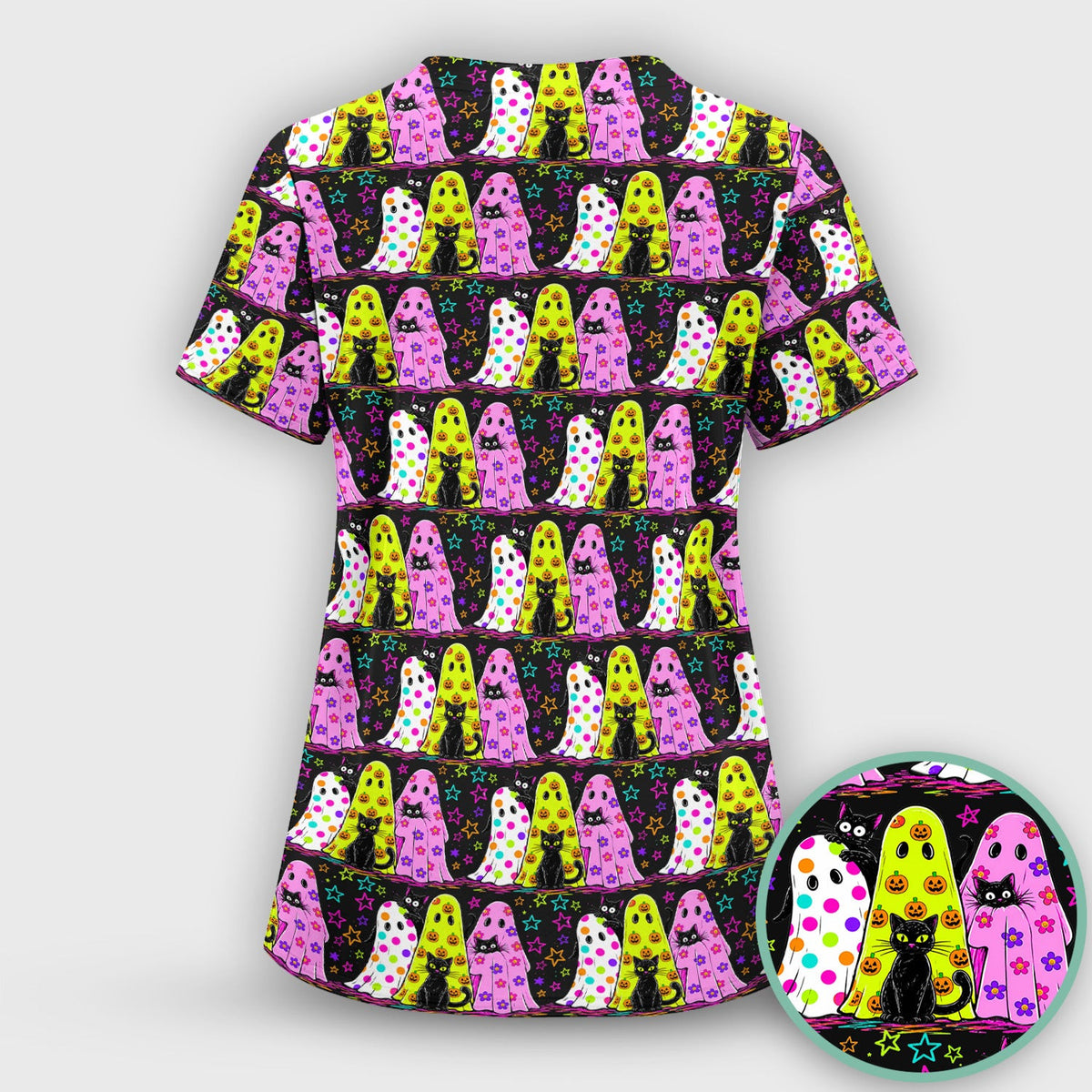 Spooky Halloween Ghost Cat Print Scrub Top, Comfortable Scrubs for Nurses