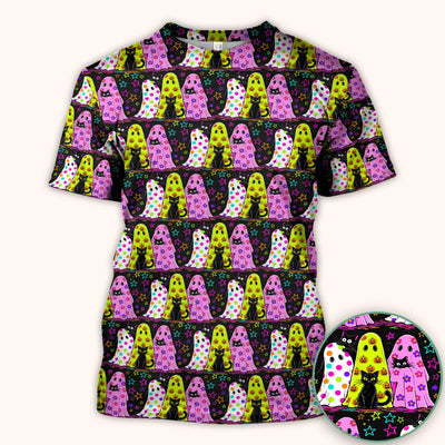 Spooky Halloween Ghost Cat Print Scrub Top, Comfortable Scrubs for Nurses