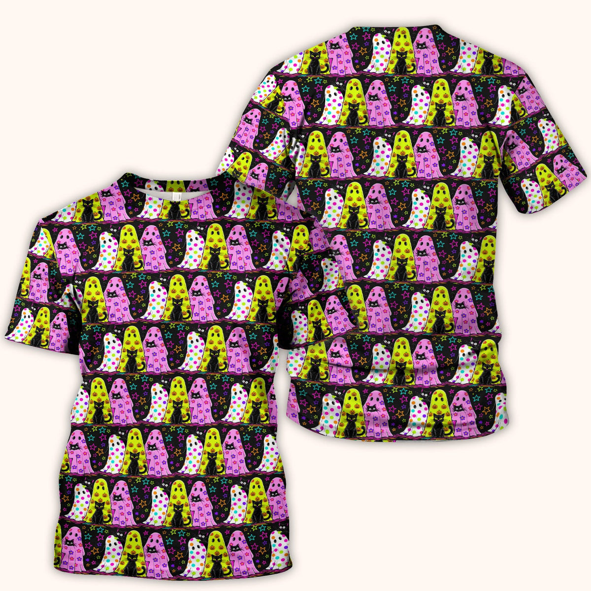 Spooky Halloween Ghost Cat Print Scrub Top, Comfortable Scrubs for Nurses