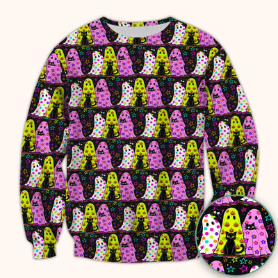 Spooky Halloween Ghost Cat Print Scrub Top, Comfortable Scrubs for Nurses