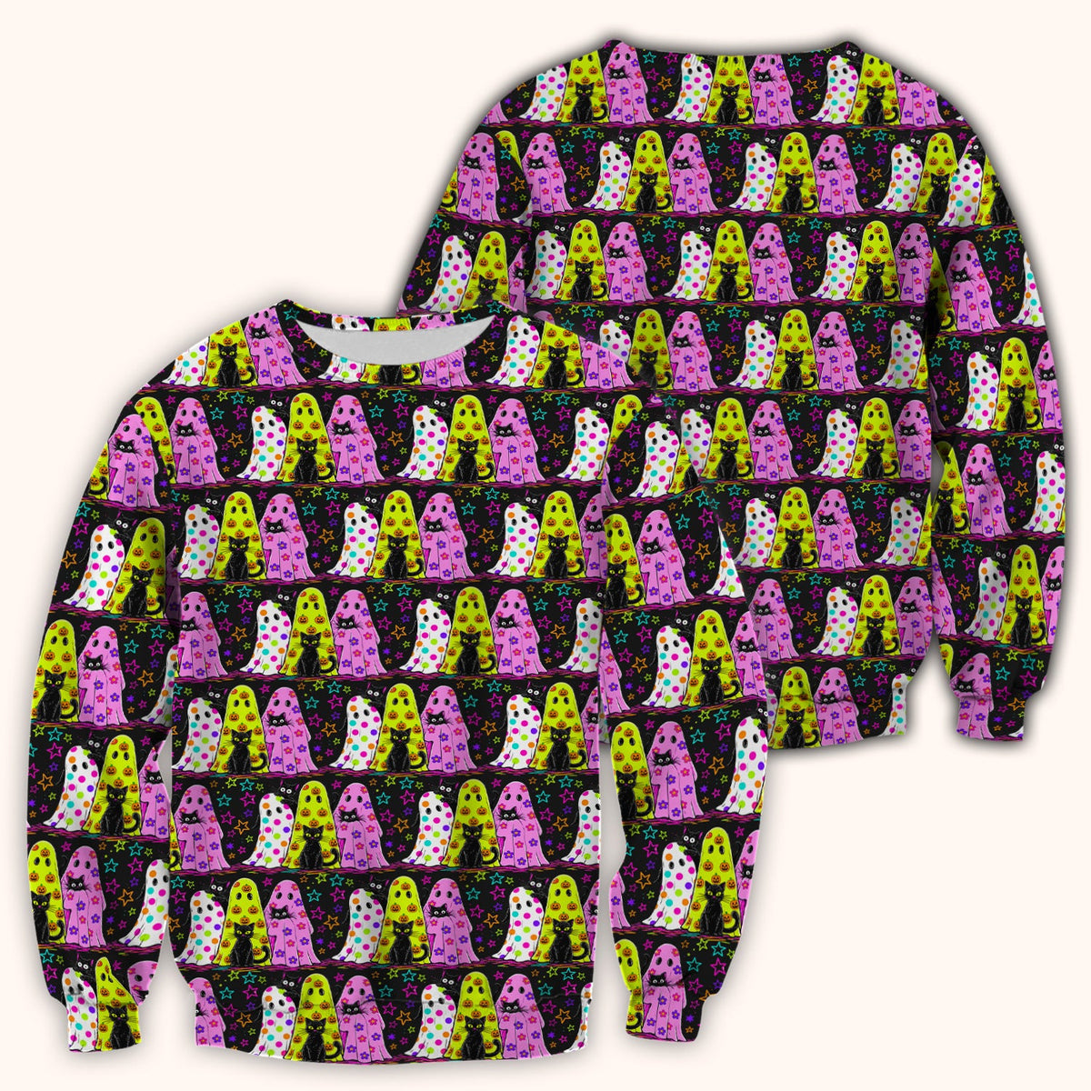 Spooky Halloween Ghost Cat Print Scrub Top, Comfortable Scrubs for Nurses
