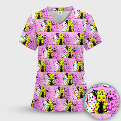 Spooky Halloween Ghost Cat Print Scrub Top, Comfortable Scrubs for Nurses